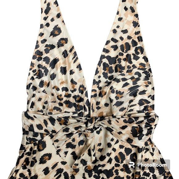 Aerie Leopard Deep Plunge One Piece Swimsuit Size Large Tie Front Full Coverage - Picture 8 of 10